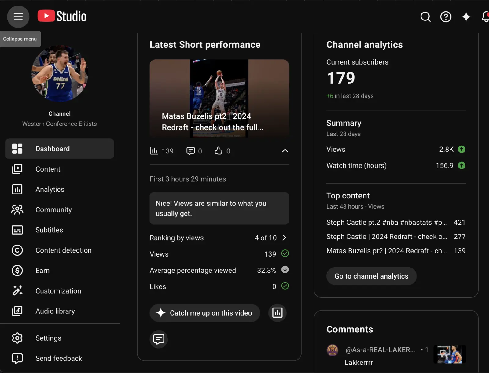 YouTube Studio analytics showing 2.8 thousand views and 156.9 watch hours in 28 days